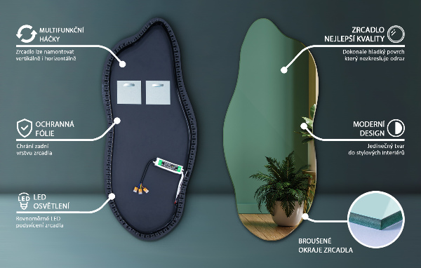 Nepravidelné zrcadlo s led osvětlením 35x80 cm