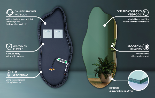 Nepravidelné zrcadlo s led osvětlením 40x90 cm