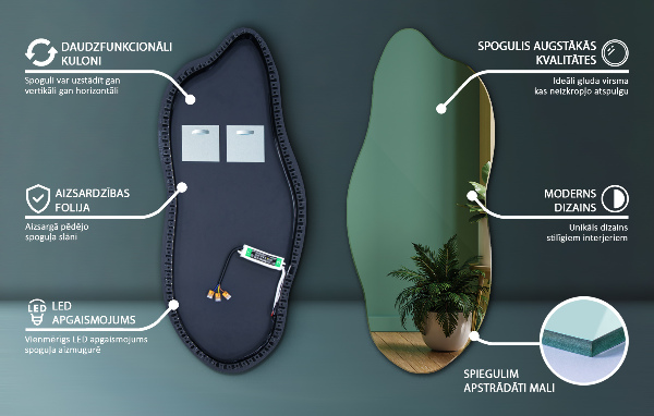 Nepravidelné zrcadlo s led osvětlením 40x90 cm