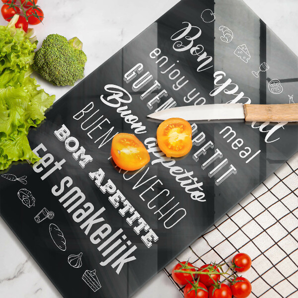 Skleněné krájecí prkénko Kuchyň nápis říká