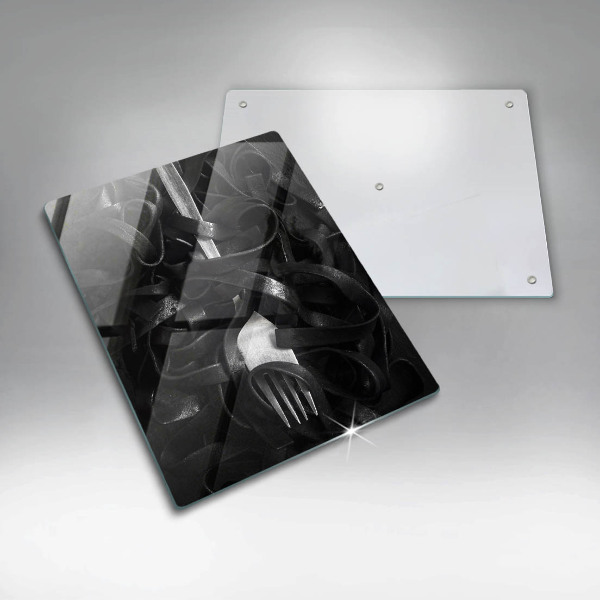 Skleněné krájecí prkénko Černé těstoviny a vidlička