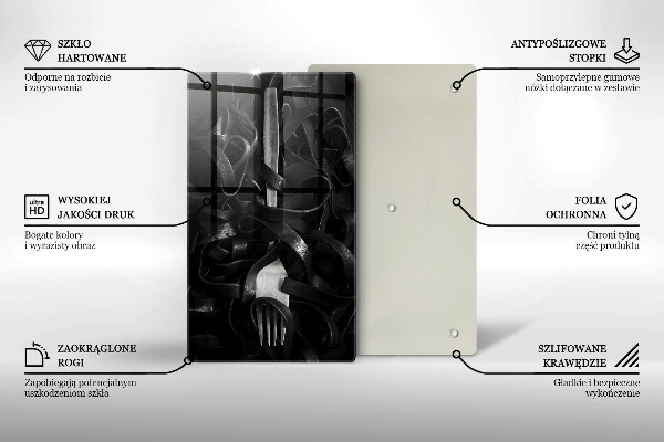 Skleněné krájecí prkénko Černé těstoviny a vidlička