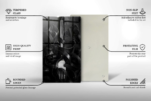 Skleněné krájecí prkénko Černé těstoviny a vidlička