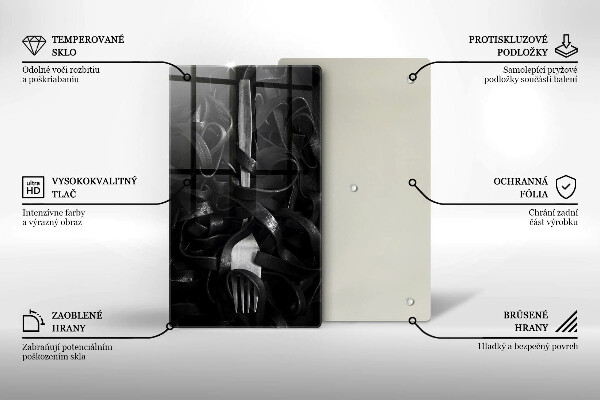 Skleněné krájecí prkénko Černé těstoviny a vidlička