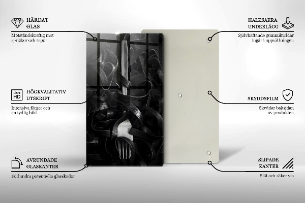 Skleněné krájecí prkénko Černé těstoviny a vidlička