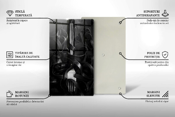 Skleněné krájecí prkénko Černé těstoviny a vidlička