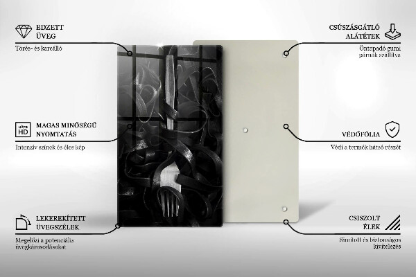 Skleněné krájecí prkénko Černé těstoviny a vidlička