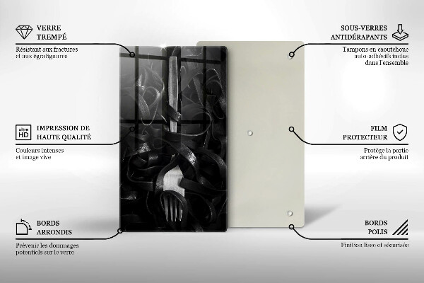 Skleněné krájecí prkénko Černé těstoviny a vidlička