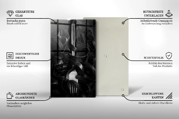 Skleněné krájecí prkénko Černé těstoviny a vidlička