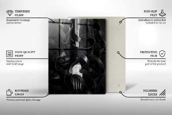 Skleněné krájecí prkénko Černé těstoviny a vidlička