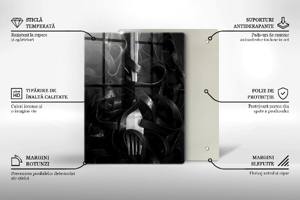 Skleněné krájecí prkénko Černé těstoviny a vidlička