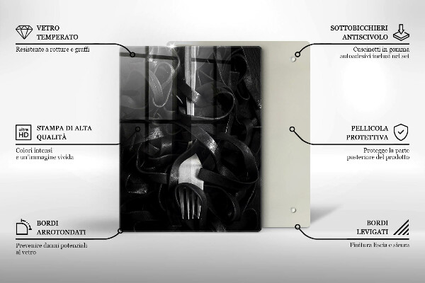 Skleněné krájecí prkénko Černé těstoviny a vidlička