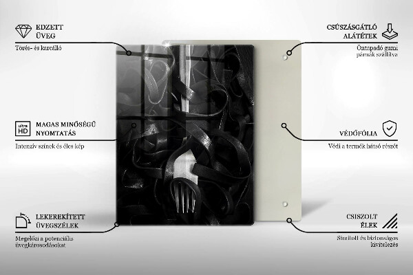 Skleněné krájecí prkénko Černé těstoviny a vidlička