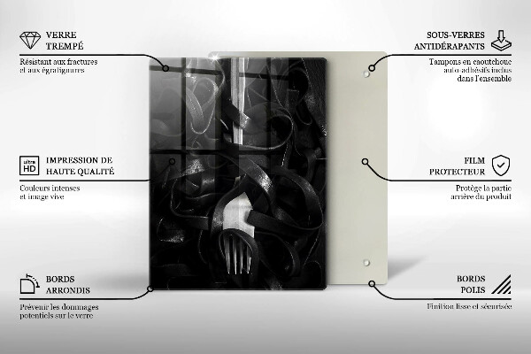 Skleněné krájecí prkénko Černé těstoviny a vidlička