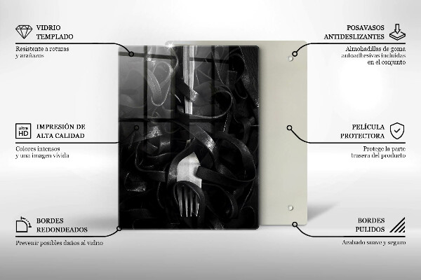 Skleněné krájecí prkénko Černé těstoviny a vidlička