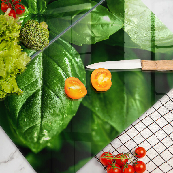 Skleněné krájecí prkénko Listy bazalky