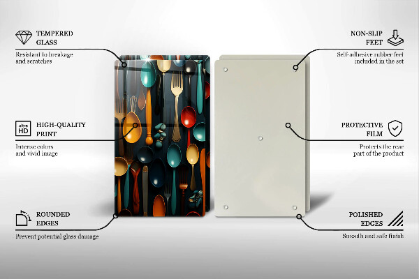 Skleněné krájecí prkénko Barevné lžíce a vidličky