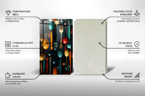 Skleněné krájecí prkénko Barevné lžíce a vidličky