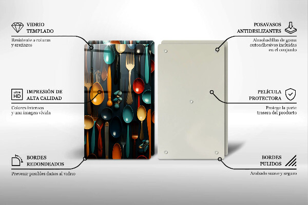 Skleněné krájecí prkénko Barevné lžíce a vidličky