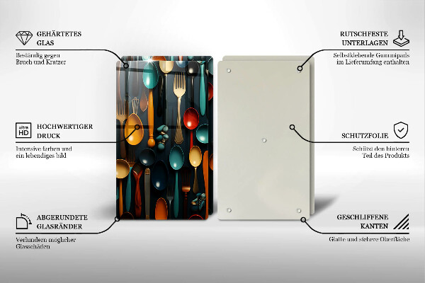 Skleněné krájecí prkénko Barevné lžíce a vidličky