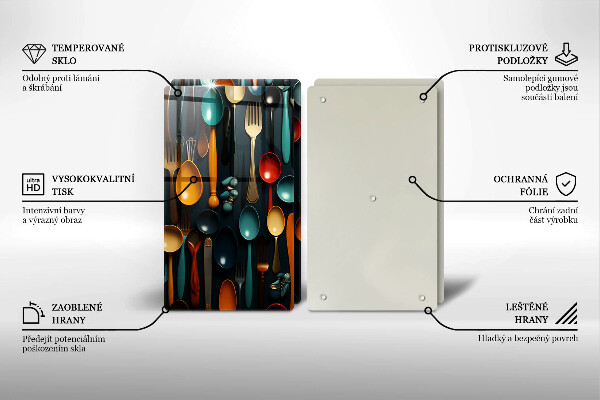 Skleněné krájecí prkénko Barevné lžíce a vidličky