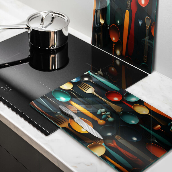 Skleněné krájecí prkénko Barevné lžíce a vidličky