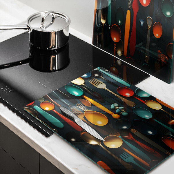 Skleněné krájecí prkénko Barevné lžíce a vidličky