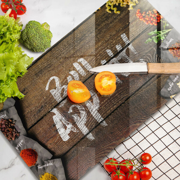 Krájecí prkénko skleněné Nápisové tabule bon appetit