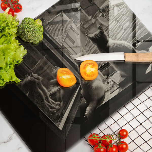 Skleněná deska do kuchyně Kočičí město a okno