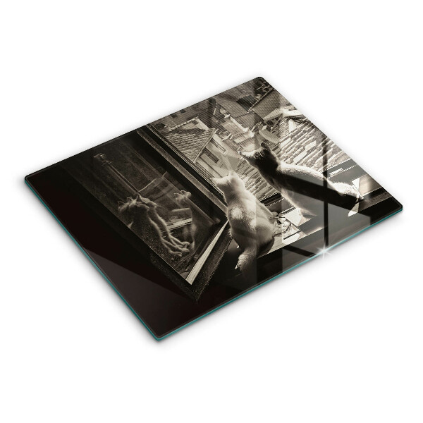 Skleněná deska do kuchyně Kočičí město a okno