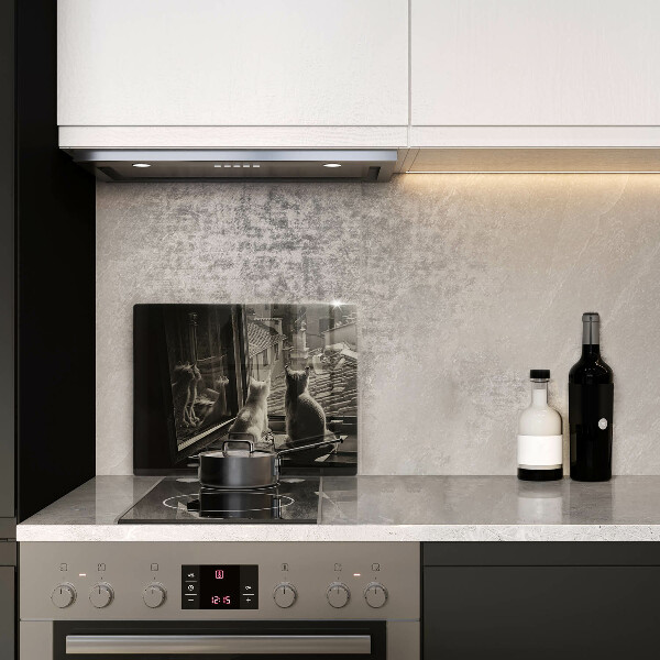 Skleněná deska do kuchyně Kočičí město a okno