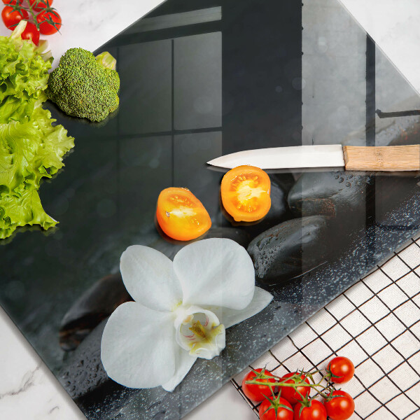 Krájecí prkénko skleněné Bílý květ zen kameny