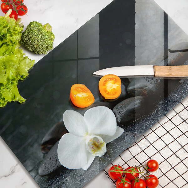 Krájecí prkénko skleněné Bílý květ zen kameny