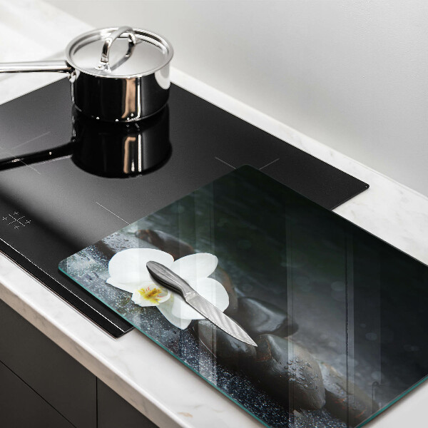 Krájecí prkénko skleněné Bílý květ zen kameny