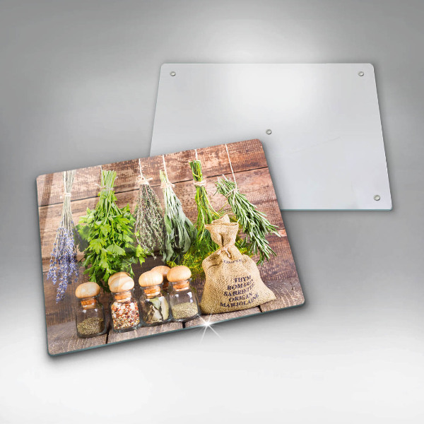 Skleněná deska do kuchyně Byliny koření a dřevo
