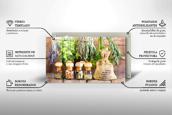 Skleněná deska do kuchyně Byliny koření a dřevo