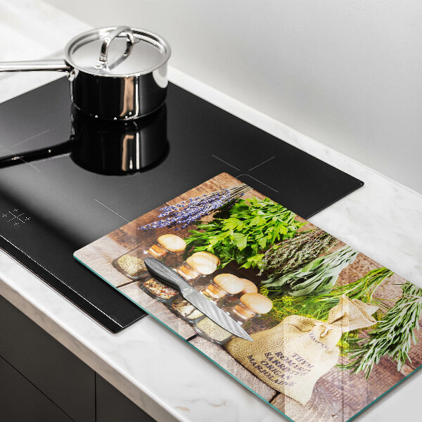 Skleněná deska do kuchyně Byliny koření a dřevo