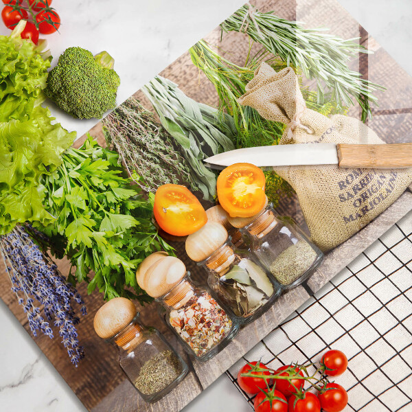 Skleněná deska do kuchyně Byliny koření a dřevo