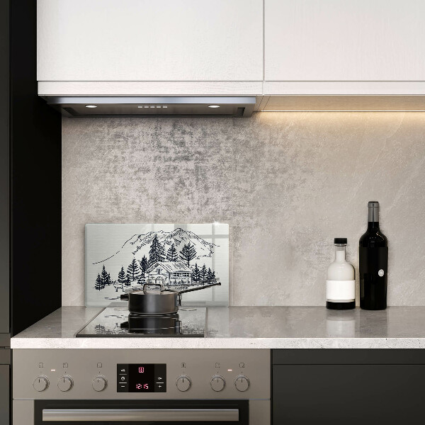 Skleněná deska do kuchyně Kresba chaty v horách