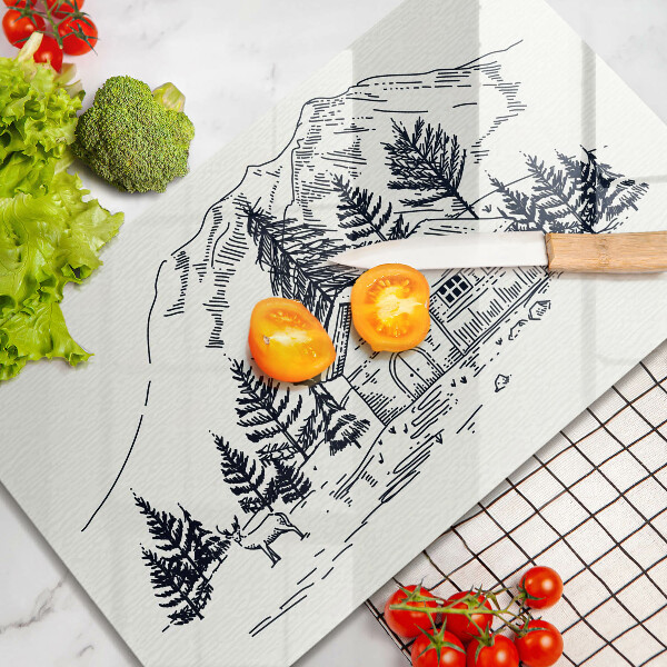 Skleněná deska do kuchyně Kresba chaty v horách