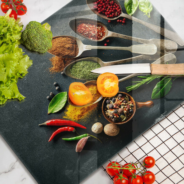 Krájecí prkénko skleněné Kuchyňské lžíce koření