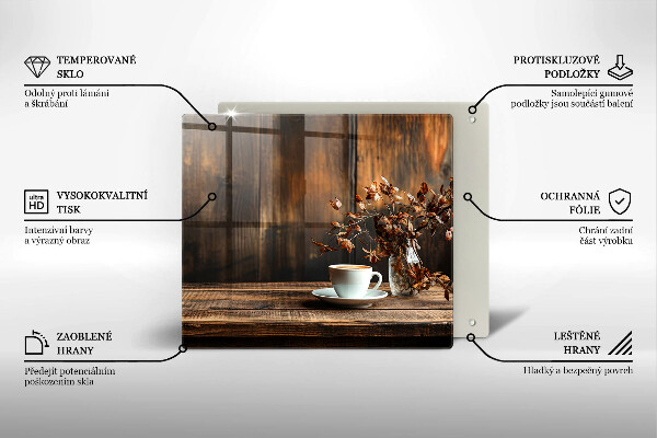 Skleněná deska do kuchyně Šálek kávy a dřevo