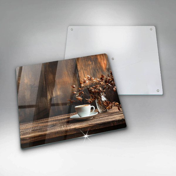Skleněná deska do kuchyně Šálek kávy a dřevo
