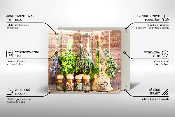 Skleněná krájecí deska Byliny koření a dřevo