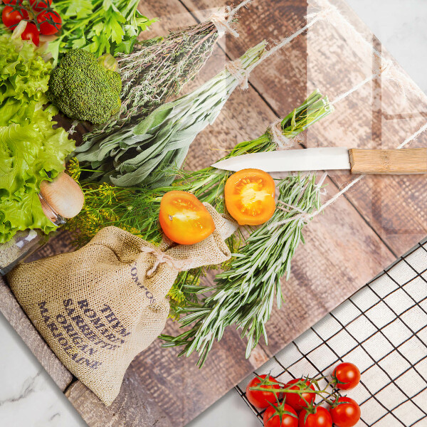 Skleněná krájecí deska Byliny koření a dřevo