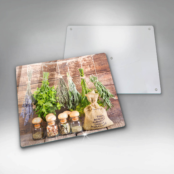 Skleněná krájecí deska Byliny koření a dřevo