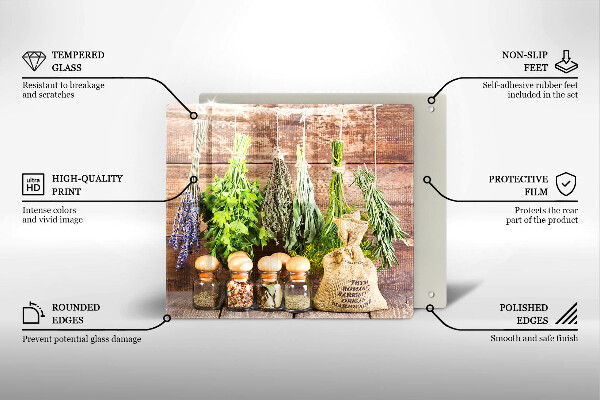 Skleněná krájecí deska Byliny koření a dřevo