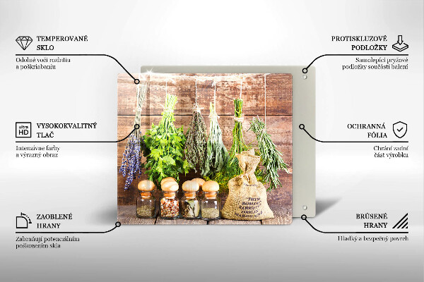 Skleněná krájecí deska Byliny koření a dřevo