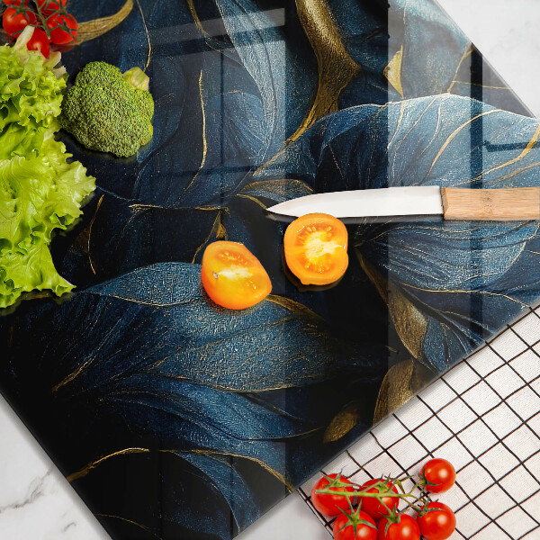 Krájecí prkénko skleněné Dekorativní listy se zlatem