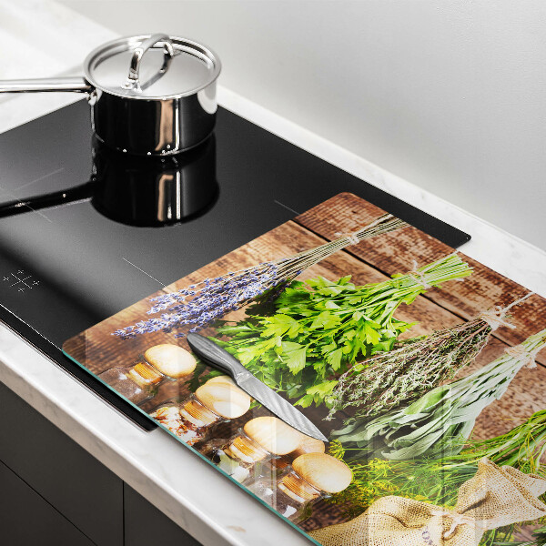 Skleněná deska do kuchyně Byliny koření a dřevo